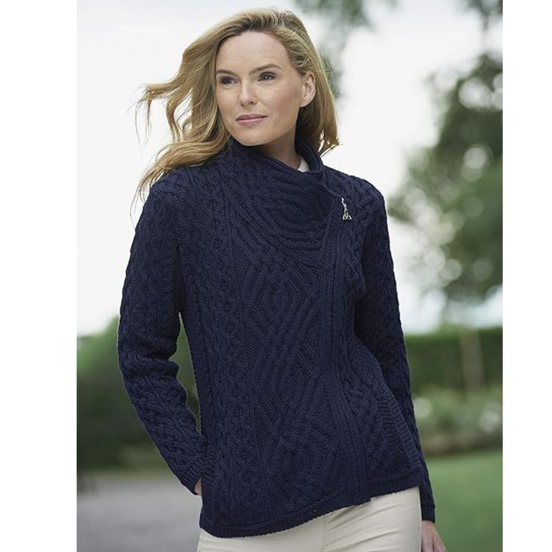 Women's Irish Cable Knitted Side Zip Cardigan - Navy Blue